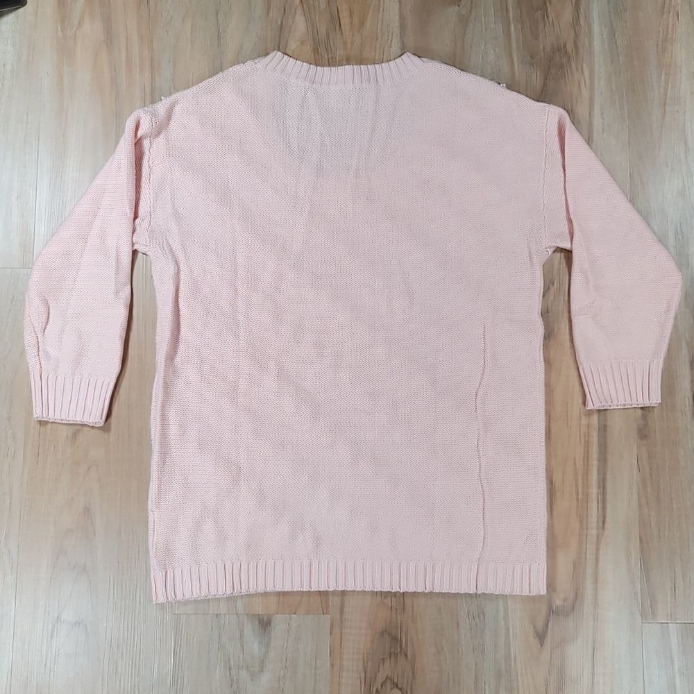 🔹️Bellatrix Pink Open Knit Faux Pearl Adorned Sweater Large - Picture 3 of 11